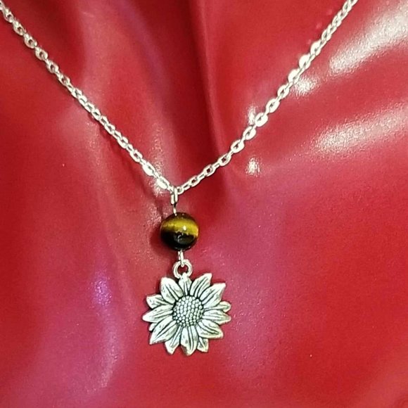 Sunflower Jewelry Set Tigers Eye Sunflower Necklace Silver Sunflower Earrings - Picture 4 of 5